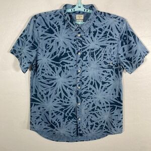 Quiksilver Shirt Mens XL Blue Button Up Modern Fit‎ Chambray Denim Floral Palms